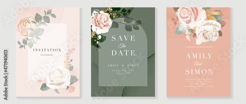 Luxury wedding invitation card background  with golden line art flower and botanical leaves, Organic shapes, Watercolor. Abstract art background vector design for wedding and vip cover template.
