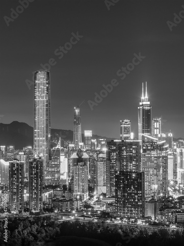 Night scenery of skyline of downtown district of Shenzhen city, China. Viewed from Hong Kong border