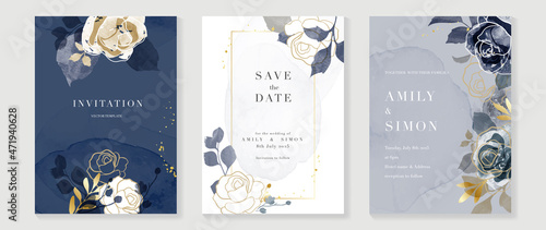 Luxury wedding invitation card background  with golden line art flower and botanical leaves, Organic shapes, Watercolor. Abstract art background vector design for wedding and vip cover template.
