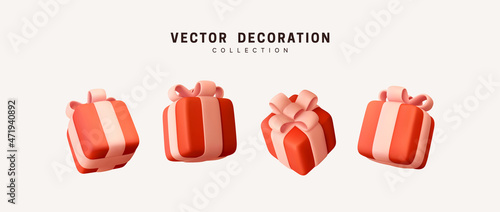 Set of realistic 3d gifts box. Holiday decoration presents. Festive gift surprise. Decor Isolated boxes. Vector illustration