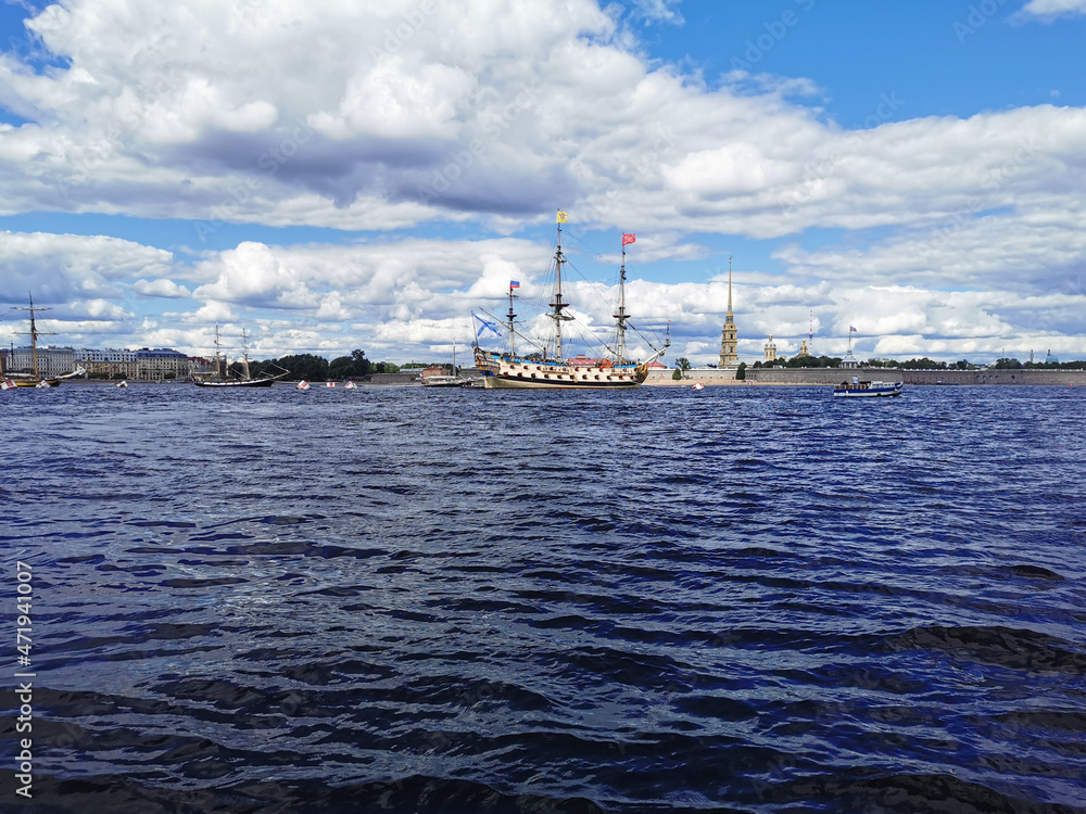 Sailing frigate Poltava in the Neva water area for the Day of the Navy in St. Petersburg.