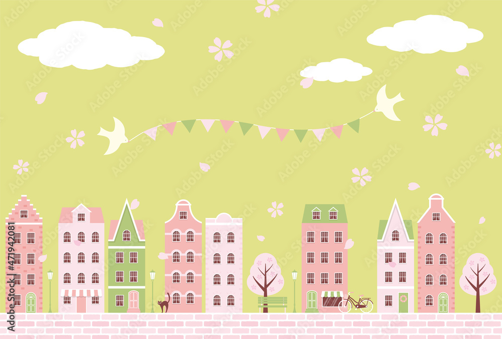 vector background with city landscape with houses and cherry blossoms for banners, cards, flyers, social media wallpapers, etc.