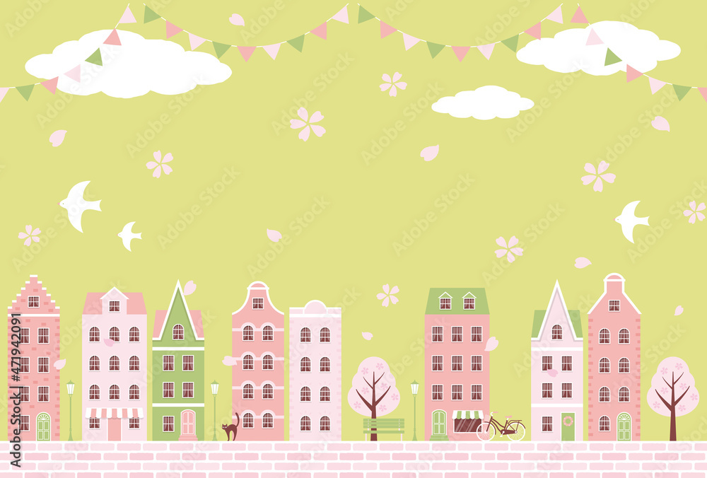 vector background with city landscape with houses and cherry blossoms for banners, cards, flyers, social media wallpapers, etc.