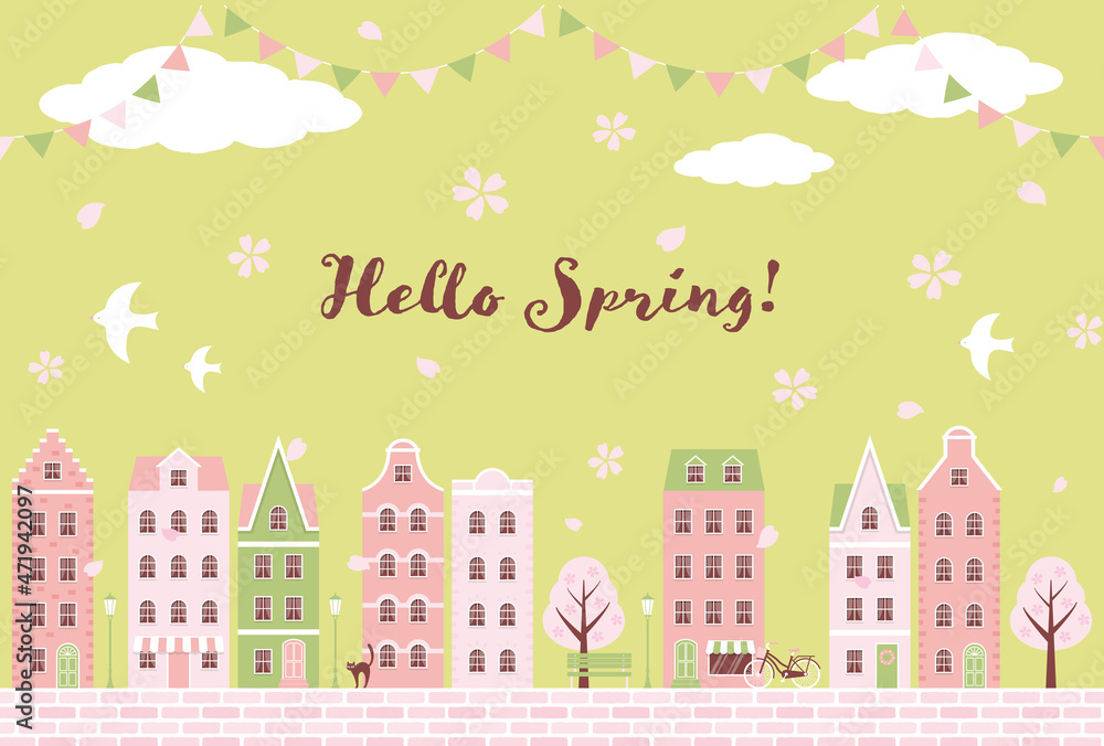 vector background with city landscape with houses and cherry blossoms for banners, cards, flyers, social media wallpapers, etc. vector background with city landscape with houses and cherry blossoms for banners, cards, flyers, social media wallpapers, etc.