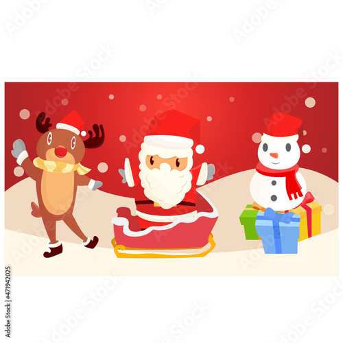 Merry Christmas and Happy New Year greeting card with cute Santa snowman gifts and deer in Christmas snow scene premium vector