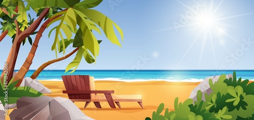 Tropical beach landscape with palm trees, stones, chaise longue, sea or ocean, bushes and rocks. Place for rest. Cartoon vector illustration.