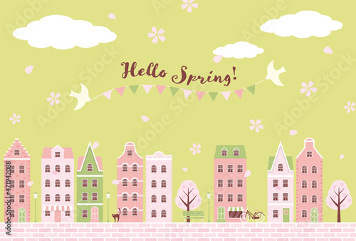 vector background with city landscape with houses and cherry blossoms for banners, cards, flyers, social media wallpapers, etc.