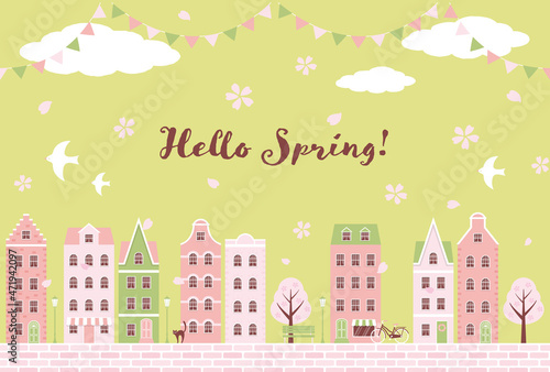vector background with city landscape with houses and cherry blossoms for banners, cards, flyers, social media wallpapers, etc.
