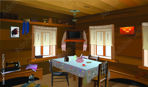 Poor russian room inside vector room interior with table, windows, tv, lamp, scene illustration.