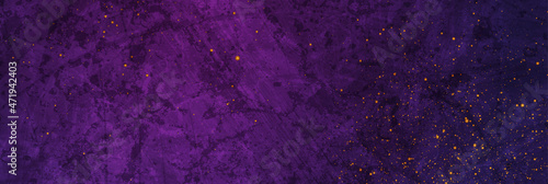 Dark violet grunge texture background with small golden particles. Abstract retro vector design
