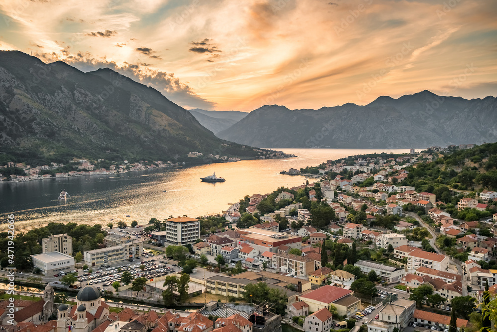 Evening view of Kotor bay and Old Town in Montenegro