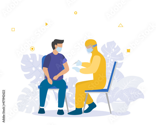 vaccination time concept with medical team wear hazmat vaccinate man with modern flat style