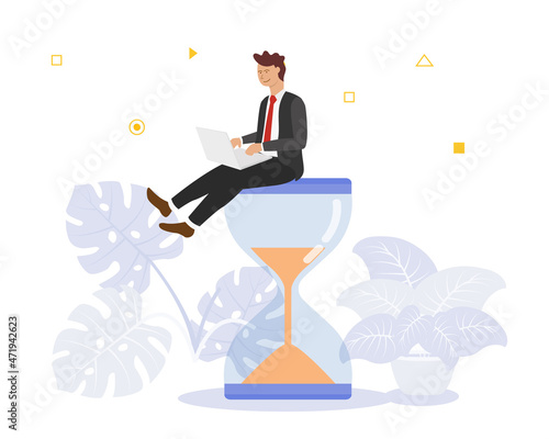 work time concept with business man working on laptop on top of hour glass time with modern flat style