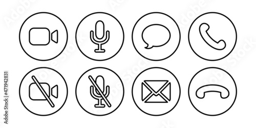 Virtual hangouts icons for conference call. On and off video, sound, message, mail and call icons isolated on white background. Outline vector illustration