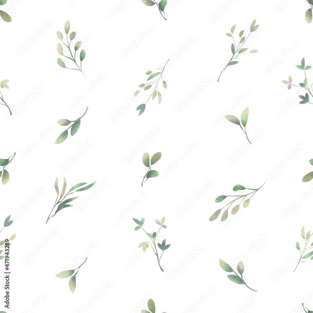 Spring foliage. Seamless pattern in a watercolor style. Background for fabric, wallpaper, postcards.