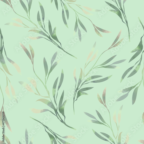 Spring foliage. Seamless pattern in a watercolor style. Background for fabric, wallpaper, postcards.