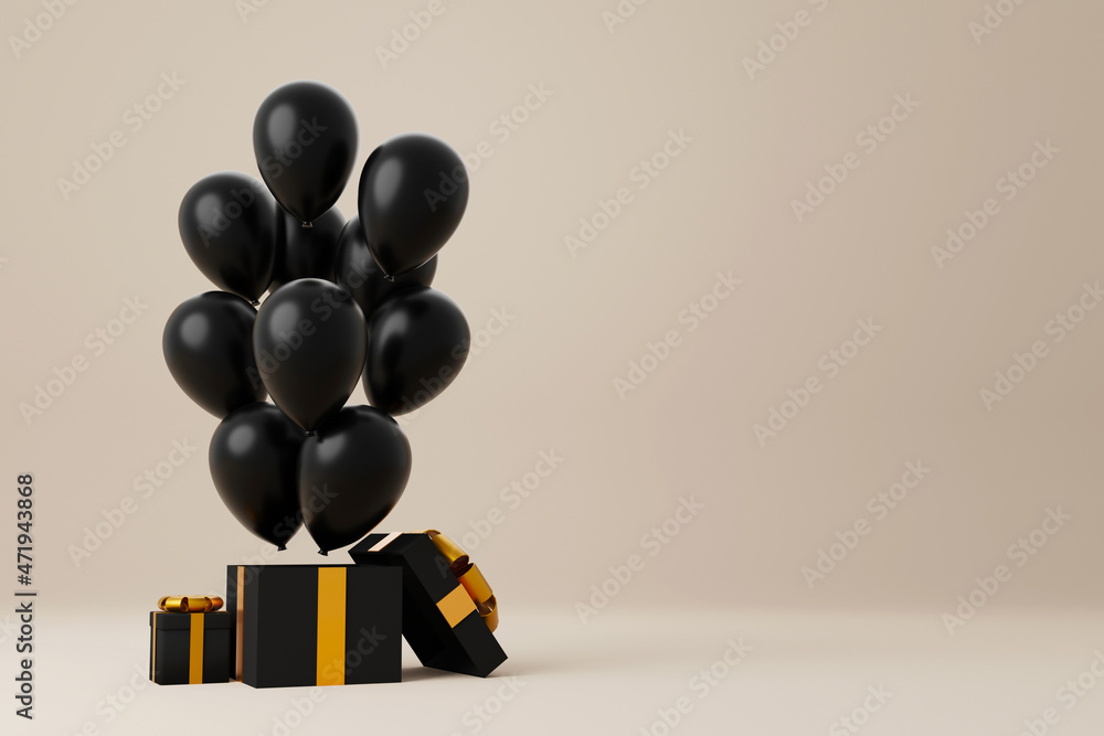 Black gift box with gold ribbon and black balloon on luxury background. Minimal design. Black friday shopping festival. 3d rendering