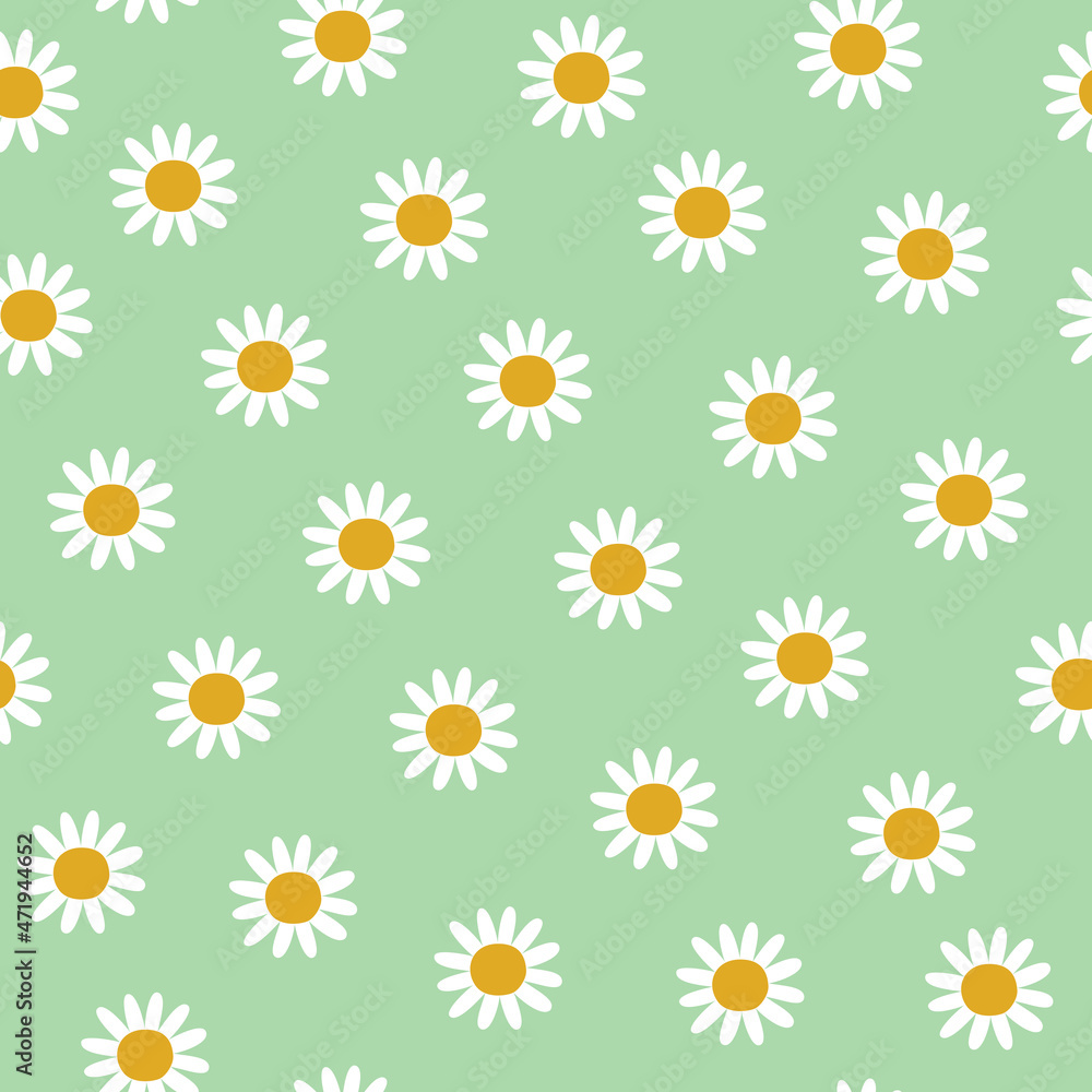 Daisy flowers seamless pattern. Vector hand drawn cartoon style floral illustration for fabric, wallpaper, textile Daisy flowers seamless pattern. Vector hand drawn cartoon style floral illustration for fabric, wallpaper, textile