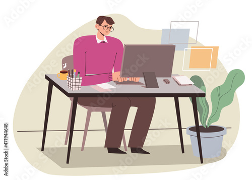 Young man working on computer at home or office. Hand drawn vector colorful flat cartoon style illustration