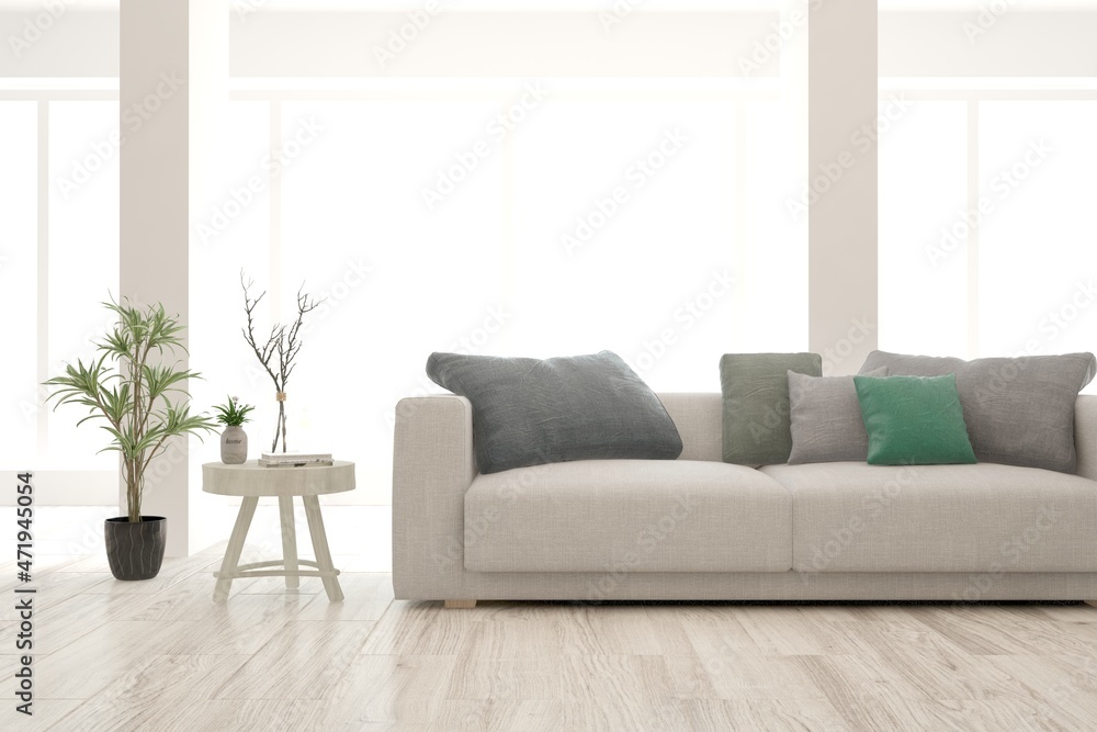 White living room with sofa. Scandinavian interior design. 3D illustration White living room with sofa. Scandinavian interior design. 3D illustration
