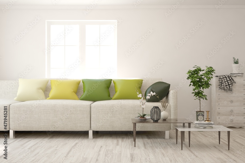 Fototapeta premium Stylish room in white color with sofa. Scandinavian interior design. 3D illustration