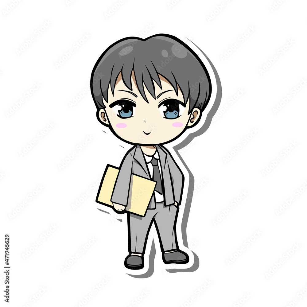 Cute cartoon office young man standing holding files on white silhouette and gray shadow. Vector illustration about character.