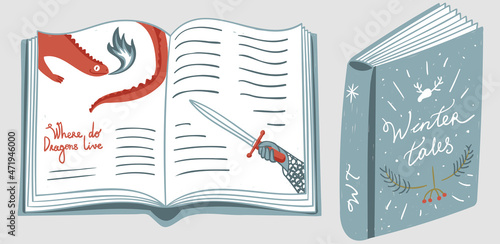 Cute simple minimalistic illustration of open blue book of winter tales with red dragon and knight with sword