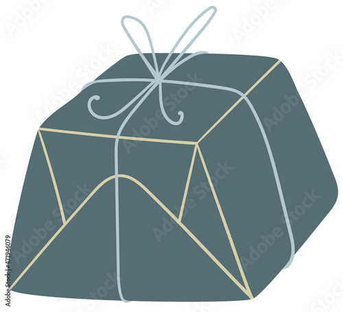 Cute minimalistic illustration of vintage trapezoidal gift box present wrapped by dark blue paper with beige decor and blue bow