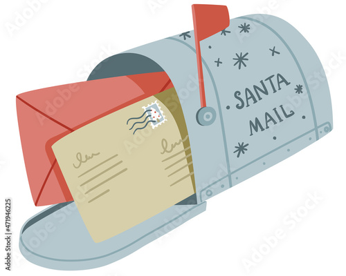 Simple minimalistic illustration with blue Santa Claus mail box with two letters to north pole
