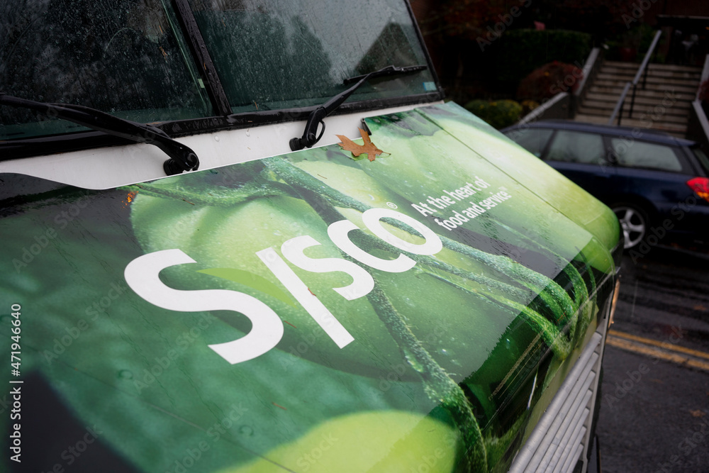 Portland, OR, USA - Nov 15, 2021: Closeup of the Sysco logo seen on a
