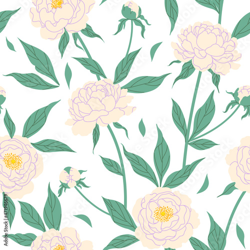 Seamless Pattern with White Peony Flowers