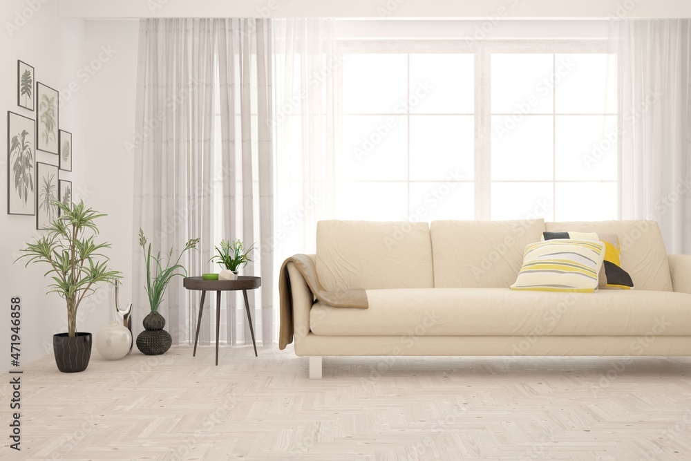 Naklejka premium White living room with sofa. Scandinavian interior design. 3D illustration