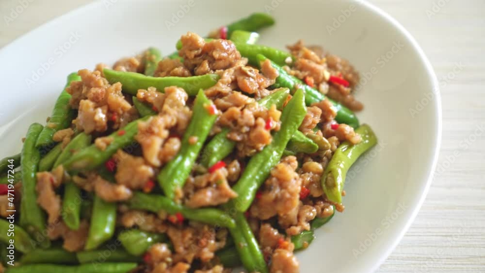 stir-fried french bean or green bean with minced pork - Asian food style stir-fried french bean or green bean with minced pork - Asian food style