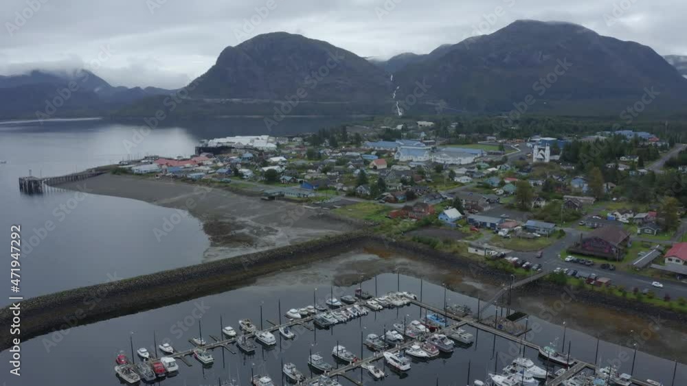 Drone shot of the village of Metlakatla above the beautiful harbor on
