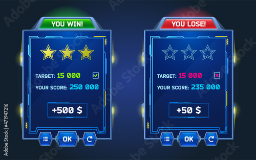 Game menu you win and lose space gamer ui glow panel with buttons. Ski-fi interface with gui elements, player rate stars, target, money, score, ok and restart boards, profile vector graphic design