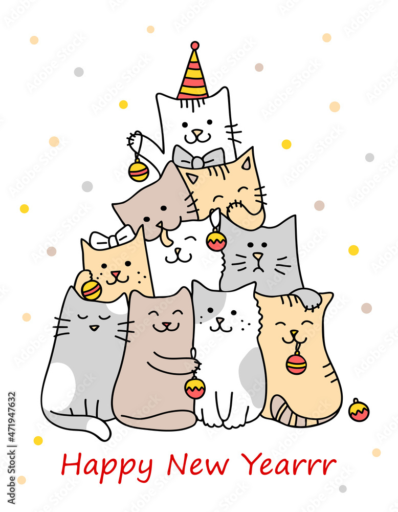 Christmas tree with cats. Merry Christmas and a Happy New Year card. Cute cartoon character cats celebrating winter holiday. Hand drawn Vector illustration of funny pets isolated on a white background