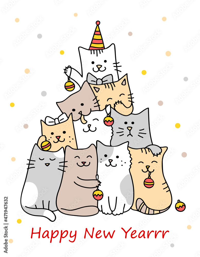 Fototapeta premium Christmas tree with cats. Merry Christmas and a Happy New Year card. Cute cartoon character cats celebrating winter holiday. Hand drawn Vector illustration of funny pets isolated on a white background
