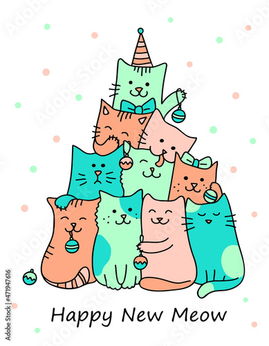 Christmas Tree with Cats. Funny Happy New Year Card. Cute cats with Christmas toys for the tree. Hand drawn pets in doodle cartoon style. Festive vector illustration for greeting card, cover, poster.