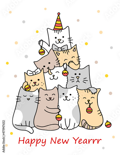 Christmas tree with cats. Merry Christmas and a Happy New Year card. Cute cartoon character cats celebrating winter holiday. Hand drawn Vector illustration of funny pets isolated on a white background