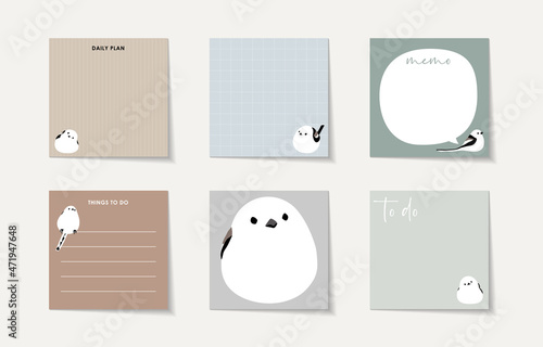 Set of memo with cute long-tailed tit illustration. Template for planners, checklists, cards, notebooks, agenda, schedule and other stationery.