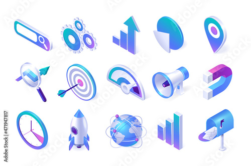 Isometric seo and marketing icons. Browser window, gears, arrow and pie charts, map pin, magnifier and target with loudspeaker. Magnet, clock, startup rocket, Earth globe and mail box 3d vector set