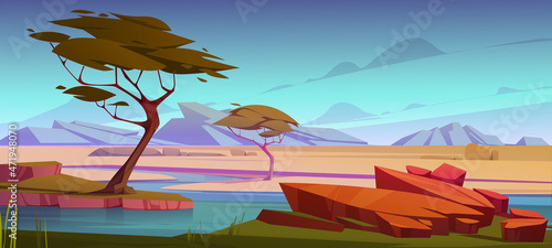 Savannah with river, acacia trees and mountains on horizon. Vector cartoon illustration of african savanna with green grass, water stream and stones. Desert landscape with oasis photo