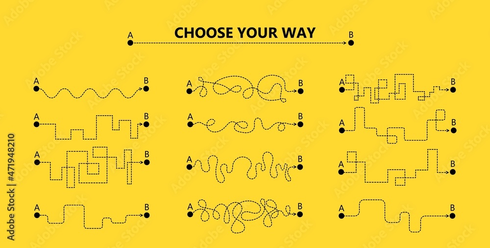 Set of difficult and easy simple way process from start to end. Vector card illustration with path to success outline art concept. The road from point a to point b. Right and wrong way with messy line
