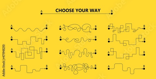 Set of difficult and easy simple way process from start to end. Vector card illustration with path to success outline art concept. The road from point a to point b. Right and wrong way with messy line