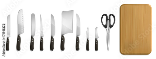 Obraz na plátne Chef and butcher knives, cutting board and scissors for cooking