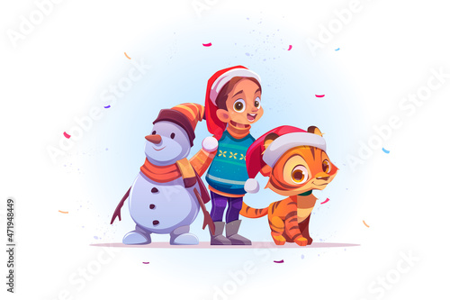Christmas poster with cute girl, snowman and tiger in red Santa Claus hat. Vector cartoon illustration of child with snow man and funny kitten celebrate New Year and winter holidays
