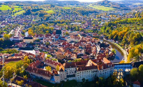 Panoramic view from the drone on the city Cesky Krumlov. Czech Republic
