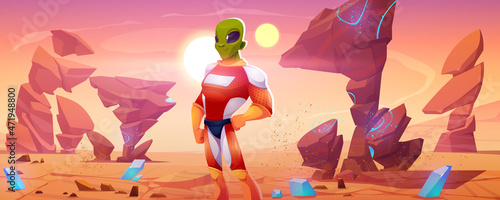 Alien character in spacesuit on Mars surface. Vector cartoon illustration of red planet landscape with rocks, blue crystals and green extraterrestrial astronaut
