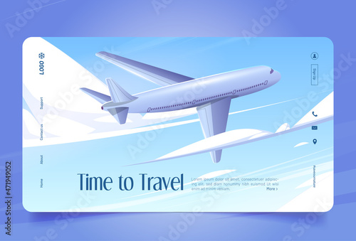 Time to travel cartoon landing page. Passenger airplane flying in sky. Buy ticket online concept with plane, flight booking service, airline traveling journey, vacation and holidays Vector web banner