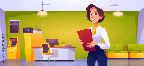 Woman bank worker, assistant or consultant wear formal suit with folder in hands in office with atm, desk with pc, credit or financial department employee provide services, Cartoon vector illustration